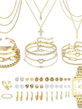61 Pieces Gold Jewelry Set for Women Fashion Costume Jewelry Gold Plated Necklac